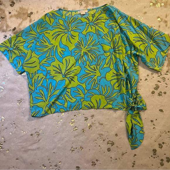 NWOT Michel Kors 3X Blue & Green Floral Pattern Tie Top - Picture 7 of 7